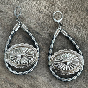 Black & Silver Bolo Cord Concho Hoop Earrings