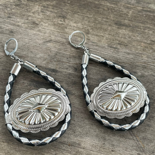 Black & Silver Bolo Cord Concho Hoop Earrings