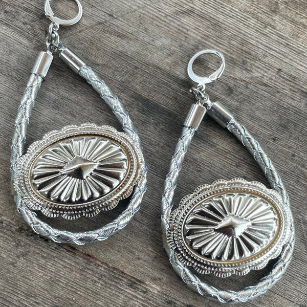 Silver Bolo Cord Concho Hoop Earrings