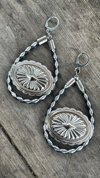 Black & Silver Bolo Cord Concho Hoop Earrings