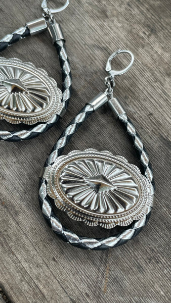 Black & Silver Bolo Cord Concho Hoop Earrings