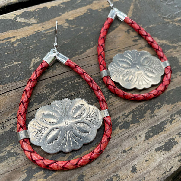 Coral Red Kitty Concho Earrings