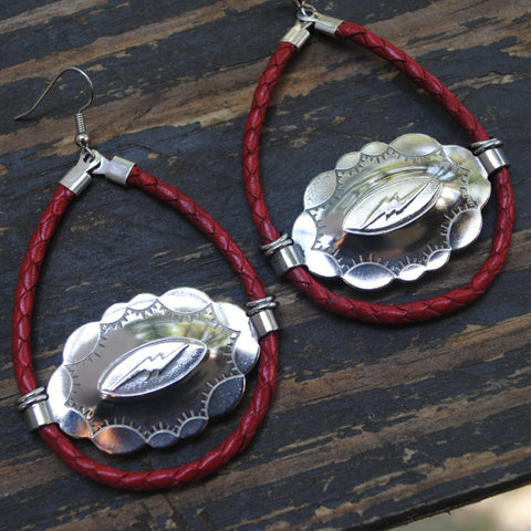 Lightning Bolt & Red Bolo Cord Concho Earrings