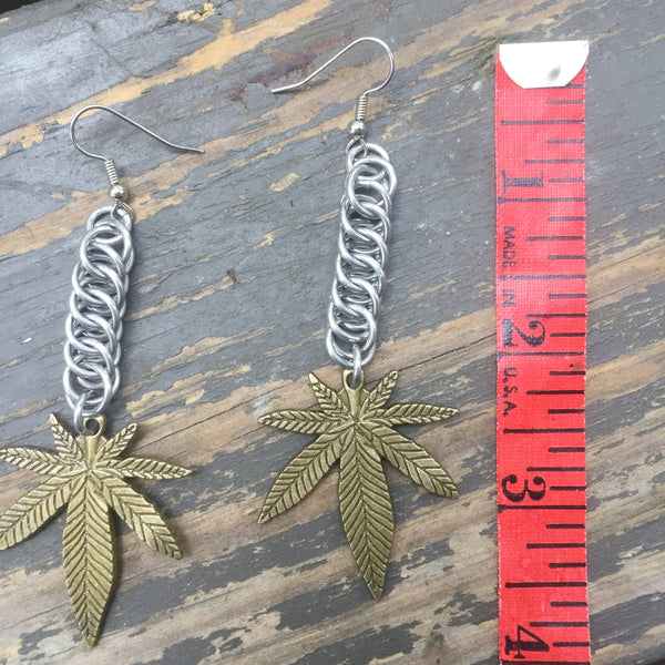 Brass Pot Leaf Medium Chainmaille Earrings