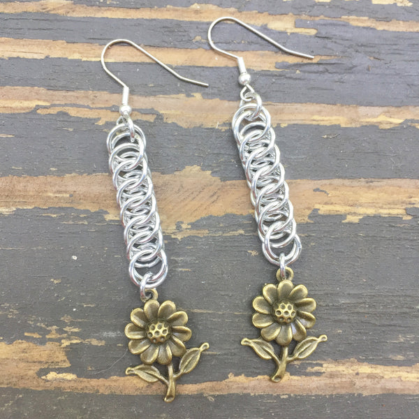 Brass Daisy Medium Chainmaille Earrings