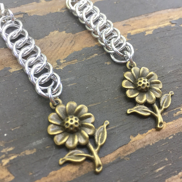 Brass Daisy Medium Chainmaille Earrings