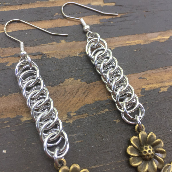 Brass Daisy Medium Chainmaille Earrings