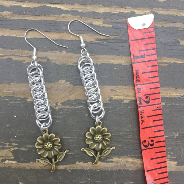 Brass Daisy Medium Chainmaille Earrings