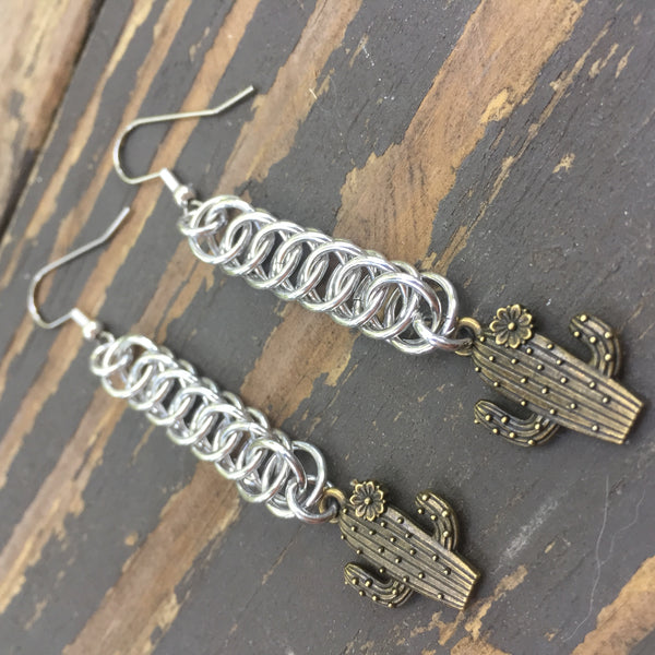 Brass Cactus Medium Chainmaille Earrings