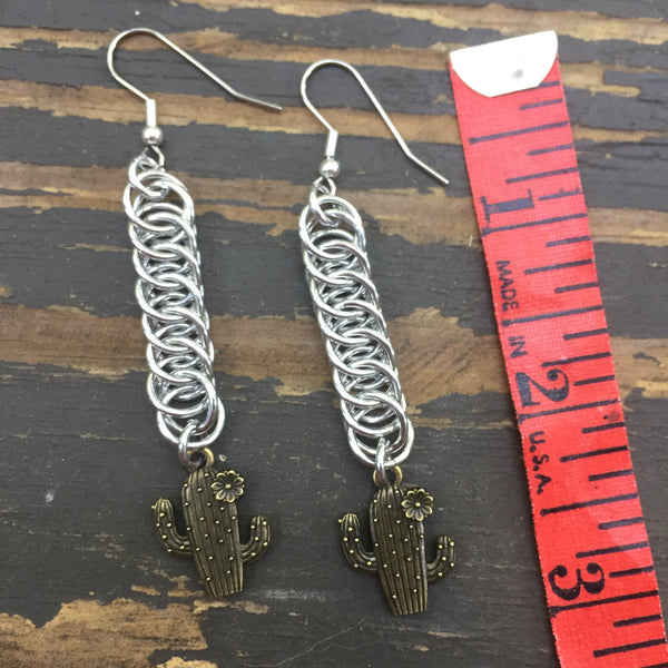 Brass Cactus Medium Chainmaille Earrings