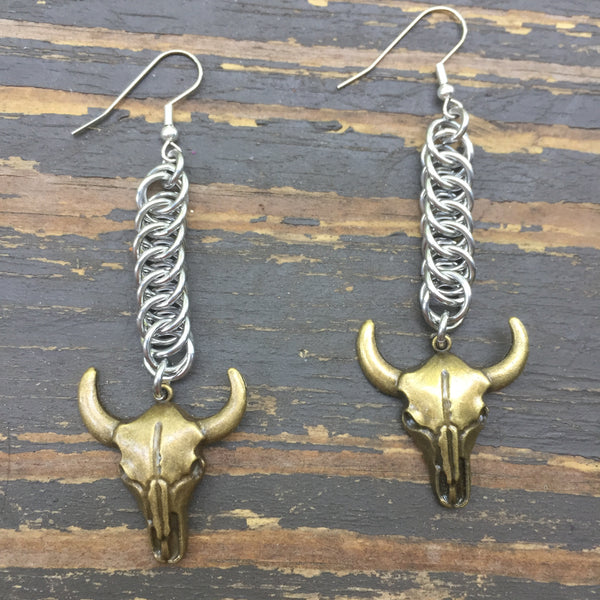 Brass Cow Skull Medium Chainmaille Earrings