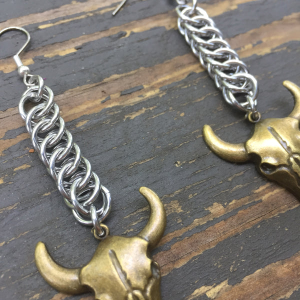 Brass Cow Skull Medium Chainmaille Earrings