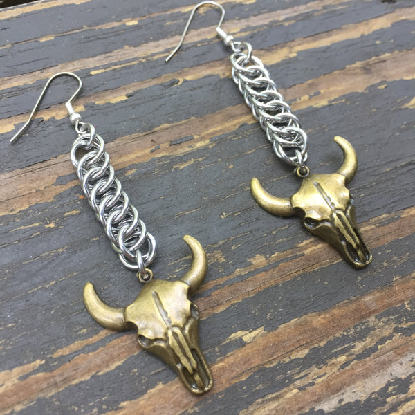 Brass Cow Skull Medium Chainmaille Earrings