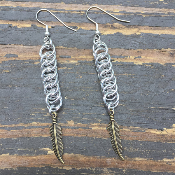 Brass Feather Medium Chainmaille Earrings