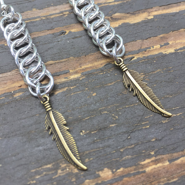 Brass Feather Medium Chainmaille Earrings