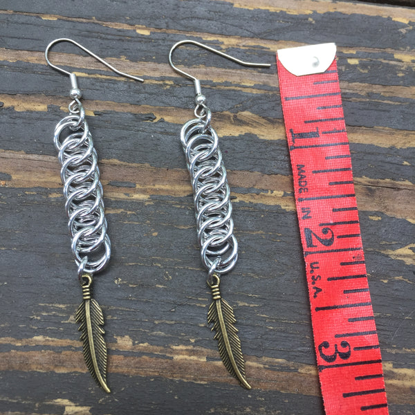 Brass Feather Medium Chainmaille Earrings