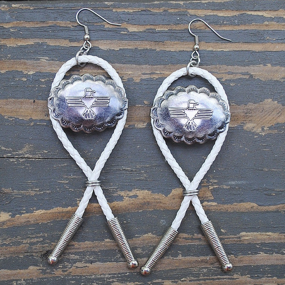 Thunderbird Bolo Tie Earrings White & Gunmetal