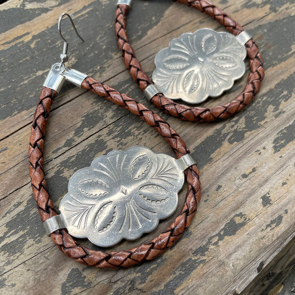 Brown Bolo Cord Kitty Concho Earrings