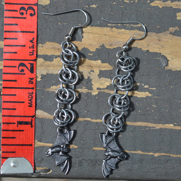 Ozzy Inspired Chainmaille Barrel Weave Earrings w/ Bat Charm Halloween Chainmaille