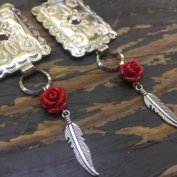 Square Concho Rose + Feather Earrings