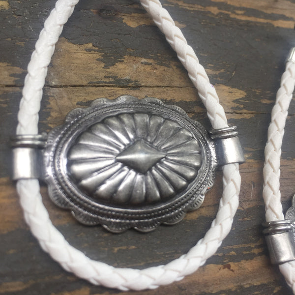 White Bolo Cord + Gunmetal Concho Earrings