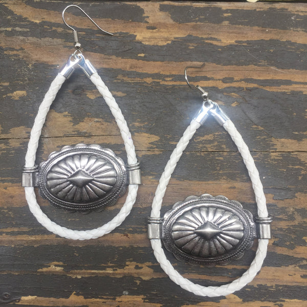 White Bolo Cord + Gunmetal Concho Earrings