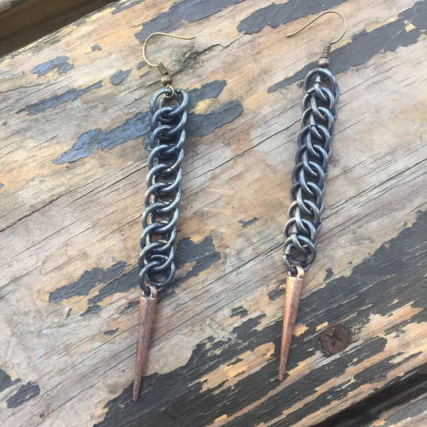 Rustic Patina Chainmaille Spike Earrings