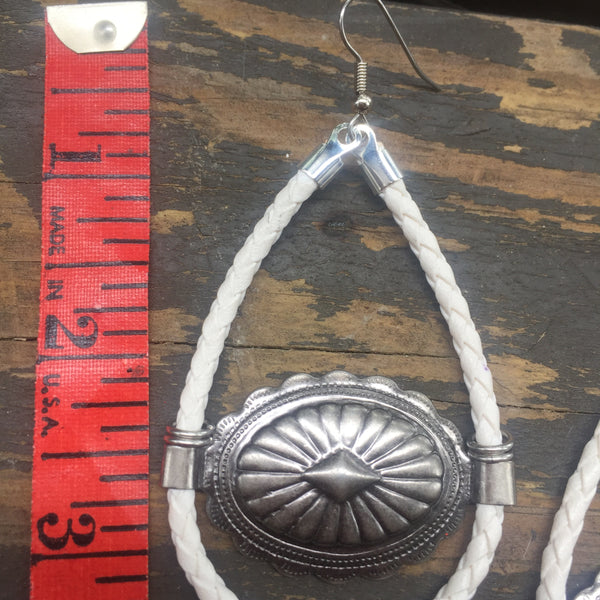 White Bolo Cord + Gunmetal Concho Earrings