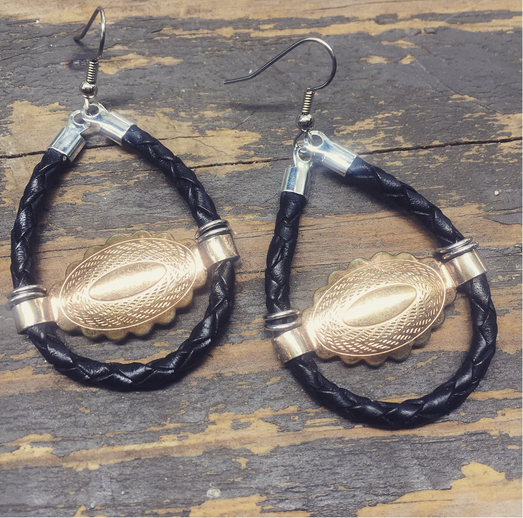 Mini Gold Concho + Black Bolo Cord Earrings