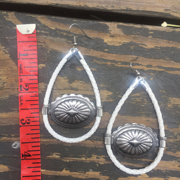 White Bolo Cord + Gunmetal Concho Earrings