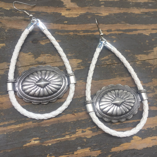 White Bolo Cord + Gunmetal Concho Earrings