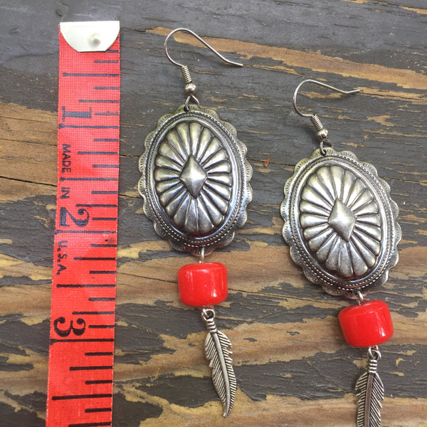 Gunmetal Concho + Red Bead + Feather Earrings