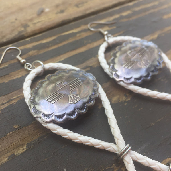 Thunderbird Bolo Tie Earrings White & Gunmetal