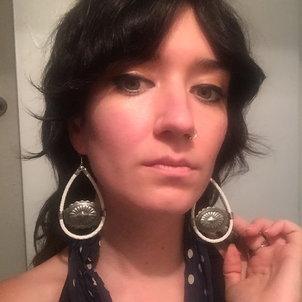 White Bolo Cord + Gunmetal Concho Earrings