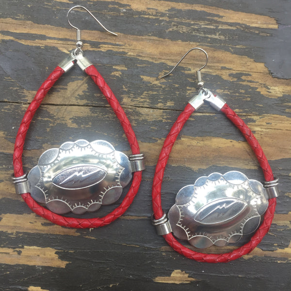 Lightning Bolt & Red Bolo Cord Concho Earrings