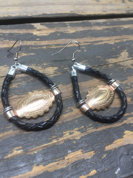 Mini Gold Concho + Black Bolo Cord Earrings