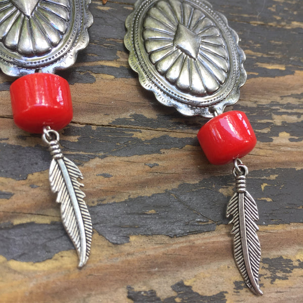 Gunmetal Concho + Red Bead + Feather Earrings