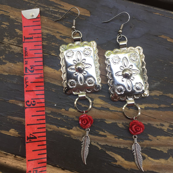 Square Concho Rose + Feather Earrings