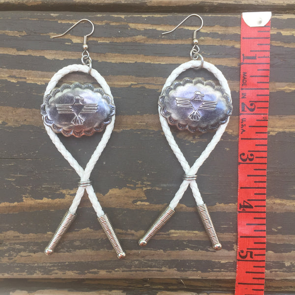 Thunderbird Bolo Tie Earrings White & Gunmetal