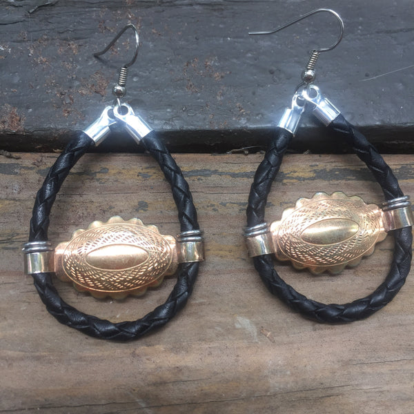 Mini Gold Concho + Black Bolo Cord Earrings