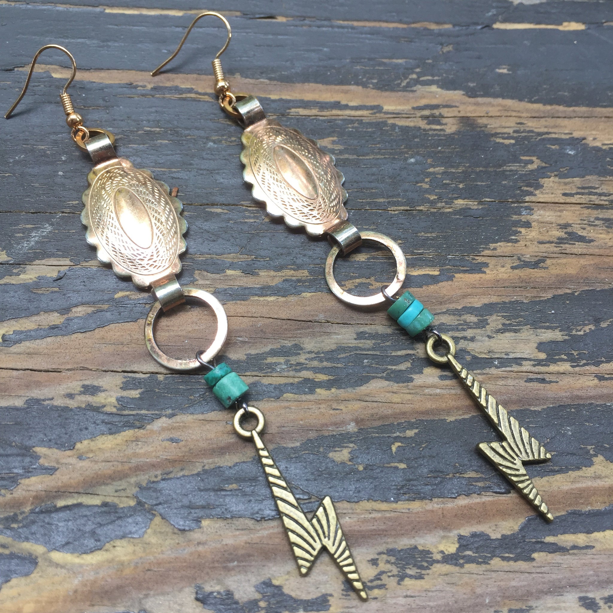 Distressed Light Gold Concho + Lightning Bolt Earrings