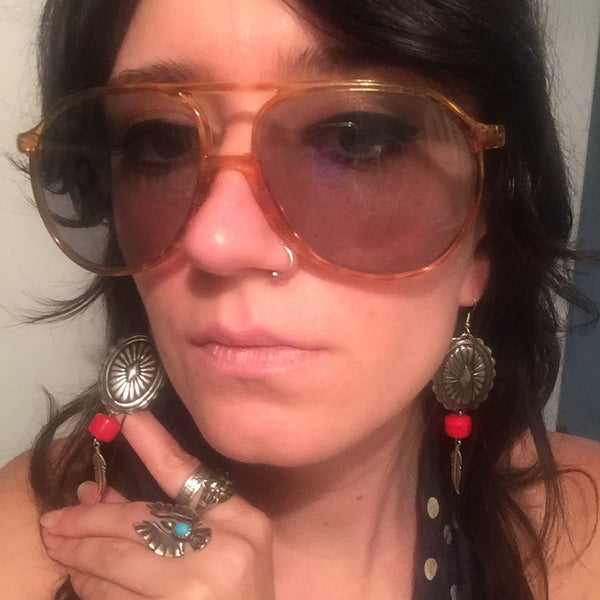 Gunmetal Concho + Red Bead + Feather Earrings